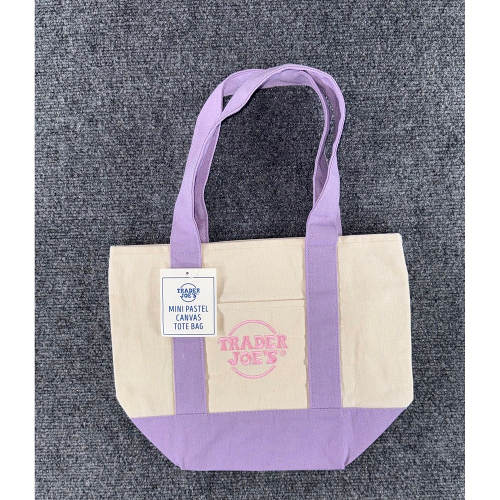 Trader Joes Mini Pastel Canvas Tote Bag Purple Lavender Cream Pink Logo NWT
